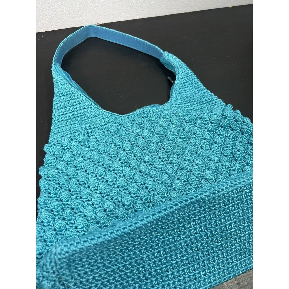 Chic Turquoise Crocheted Hobo Shoulder Bag Knit Textured Handbag Women's‎ Summer